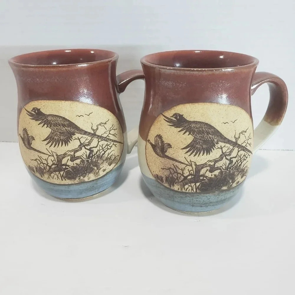 Vintage Ceramic Set of  2 Coffee Mugs,Multi-colored With Flying Pheasants.